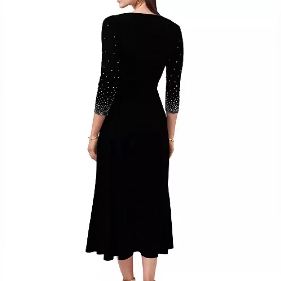MSK Black Midi Dress with Pearl Embellished Sleeves β Size L (Worn Once) - Picture 3 of 9